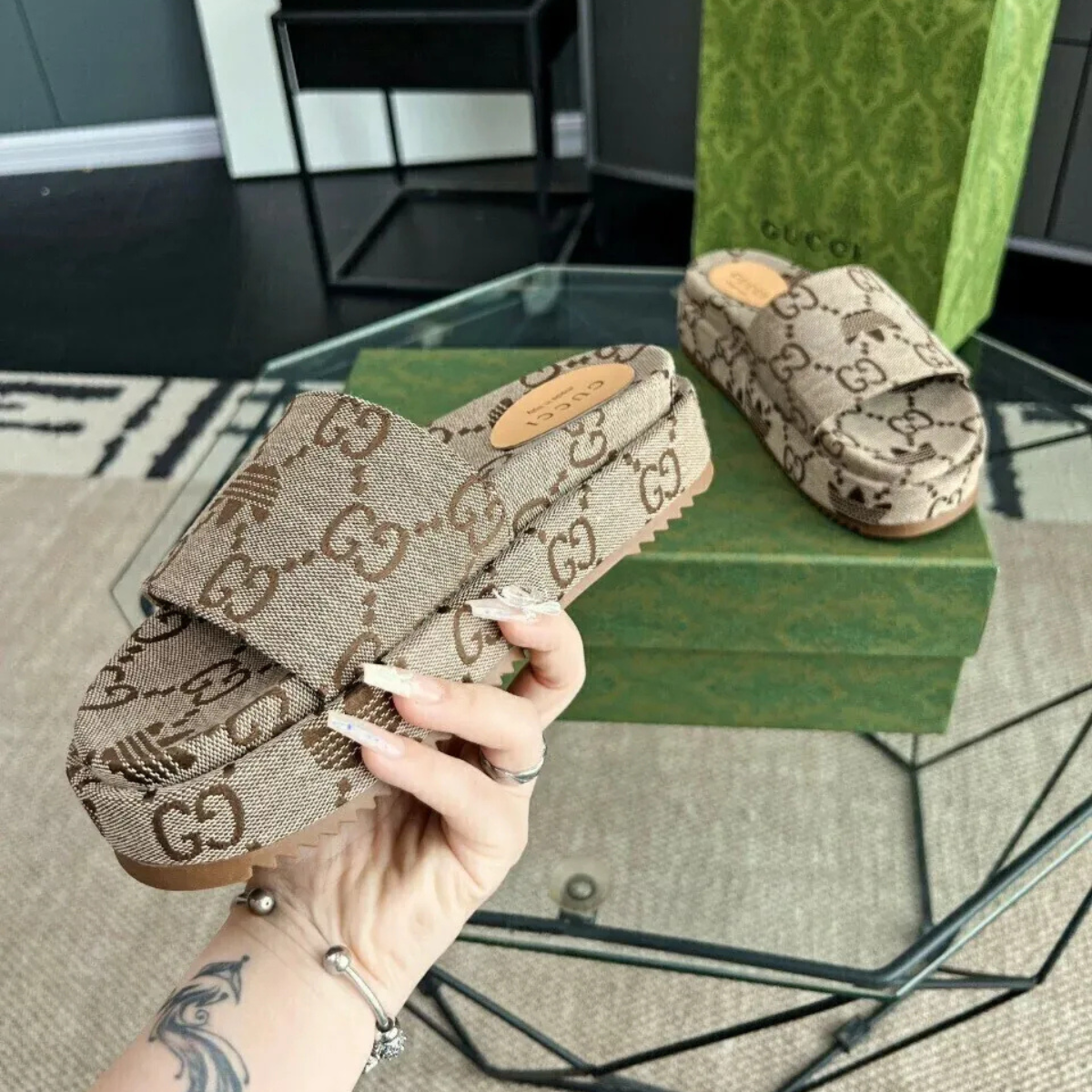 GUCCI DIONYSUS MINI BAG & ANGELINA FLAT SANDAL SET – BEIGE MONOGRAM